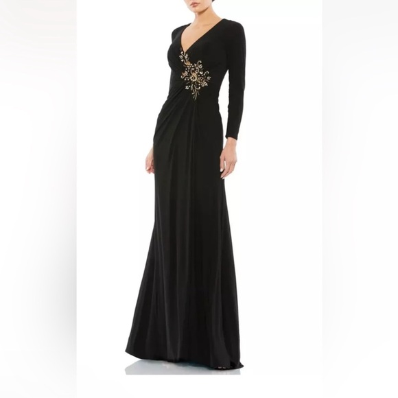 Mac Duggal Black Embellished Long Sleeve Jersey Gown With Gold Embellishment